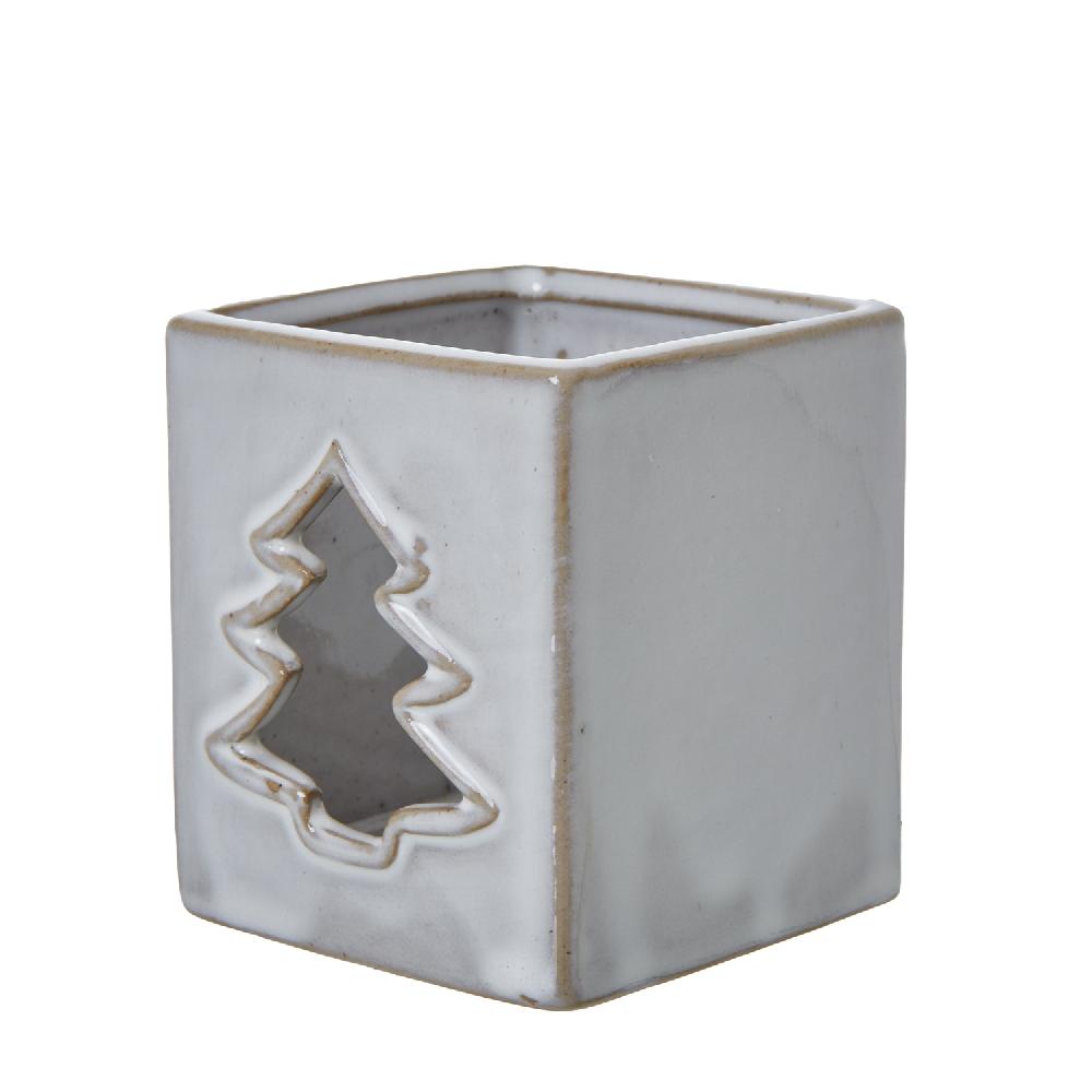 hill interiors White Ceramic Tree Cut-Out Square Tealight Holder