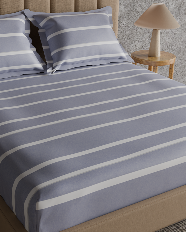 Himêya Himeya 100% Cotton 144 TC Bedsheet With 2 Pillow Covers - Denim Chambray Stripe