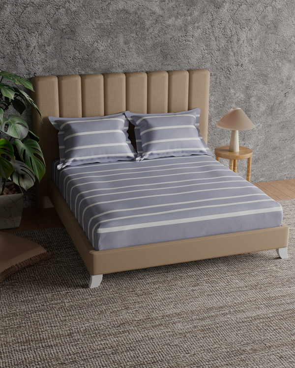 himêya Himeya 100% Cotton 144 TC Bedsheet with 2 Pillow Covers - Denim Chambray Stripe