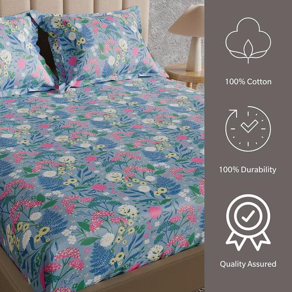 Himêya Himeya 100% Cotton 180 TC Bedsheet With 2 Pillow Covers -Terrace Farm Violet Blue