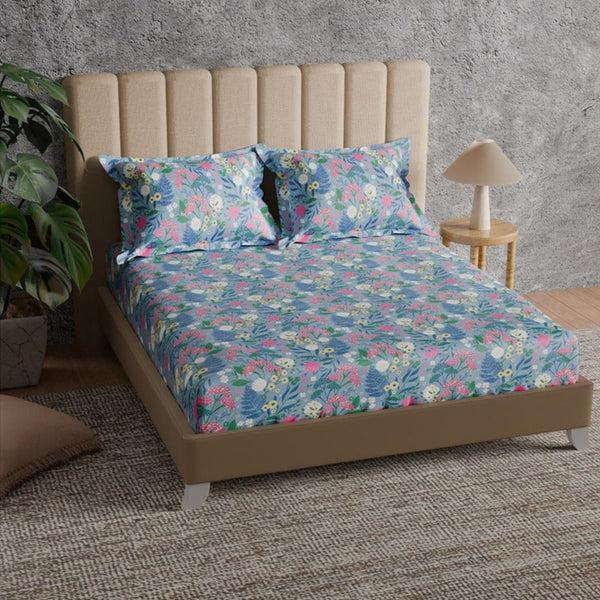 himêya Himeya 100% Cotton 180 TC Bedsheet with 2 Pillow Covers -Terrace Farm Violet Blue