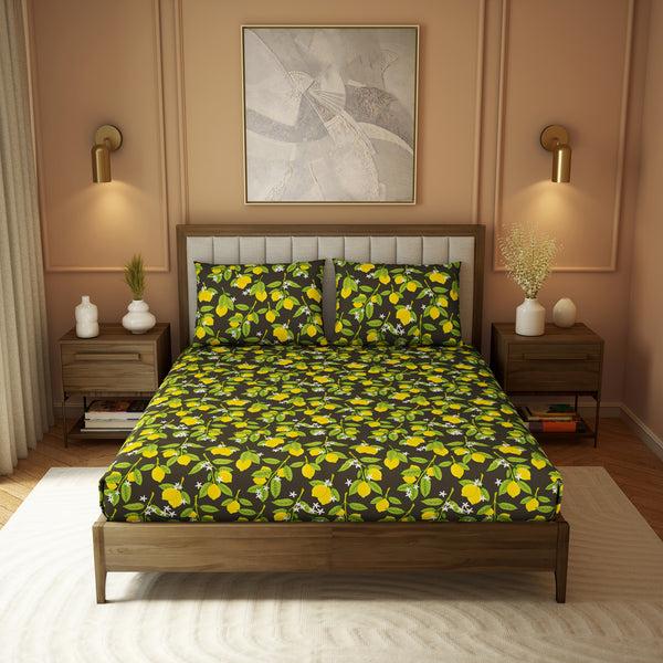 Himêya Himeya 100% Cotton 180 TC Printed Bedsheet Set | Charcoal Gold King | Botanical Wonder Collection