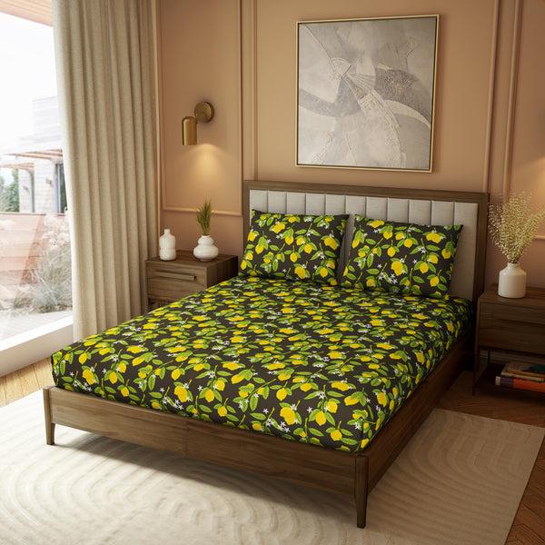 Himêya Himeya 100% Cotton 180 TC Printed Bedsheet Set | Charcoal Gold King | Botanical Wonder Collection