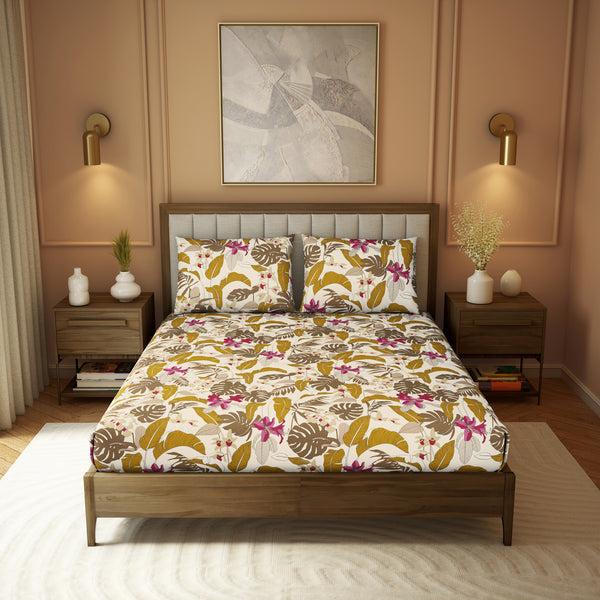 Himêya Himeya 100% Cotton 180 TC Printed Bedsheet Set | Golden Brown King | Botanical Wonder Collection