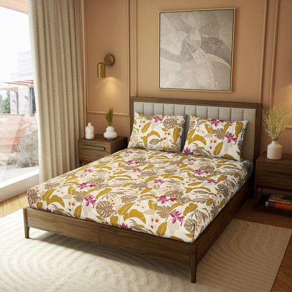 Himêya Himeya 100% Cotton 180 TC Printed Bedsheet Set | Golden Brown King | Botanical Wonder Collection