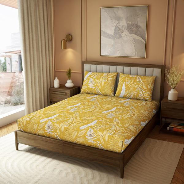 Himêya Himeya 100% Cotton 180 TC Printed Bedsheet Set | Ochre Yellow King | Botanical Wonder Collection
