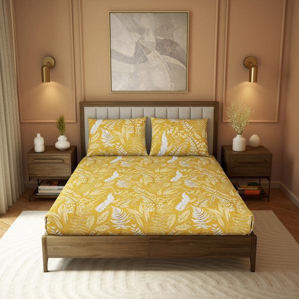 himêya Himeya 100% Cotton 180 TC Printed Bedsheet Set | Ochre Yellow King | Botanical Wonder Collection