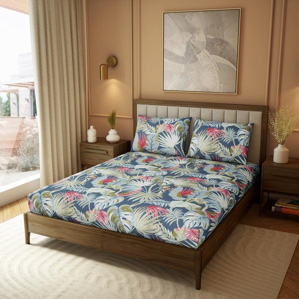 Himêya Himeya 100% Cotton 180 TC Printed Bedsheet Set | Paradise Blue King | Botanical Wonder Collection