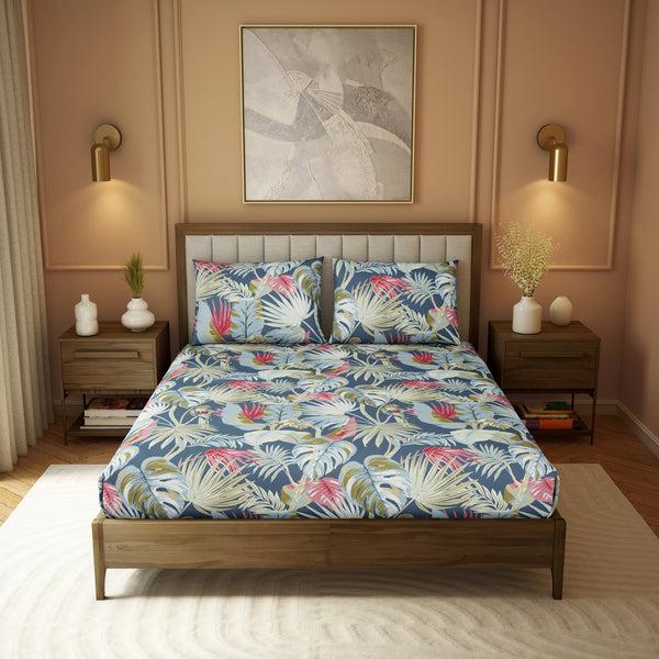 himêya Himeya 100% Cotton 180 TC Printed Bedsheet Set | Paradise Blue King | Botanical Wonder Collection