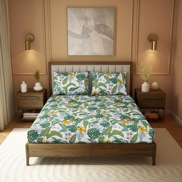 himêya Himeya 100% Cotton 180 TC Printed Bedsheet Set | Pine Green King | Botanical Wonder Collection