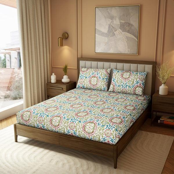 Himêya Himeya 100% Cotton 180 TC Printed Bedsheet Set | Pistachio Green King | Heritage Collection