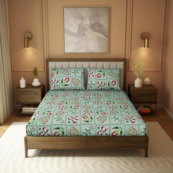 Himêya Himeya 100% Cotton 180 TC Printed Bedsheet Set | Smoke Green King | Heritage Collection