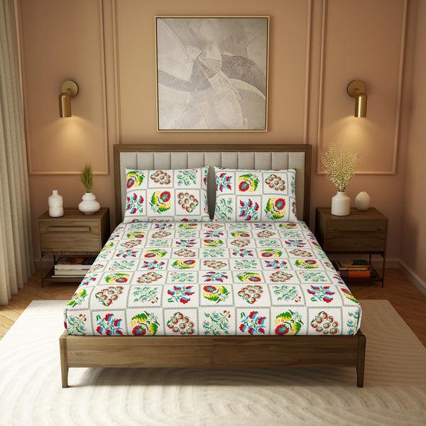 Himêya Himeya 100% Cotton 180 TC Printed Bedsheet Set | Winter White King | Heritage Collection