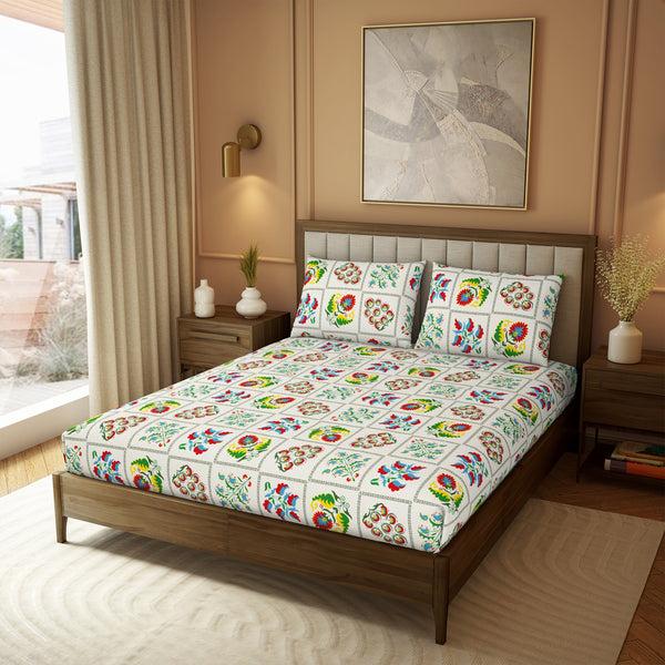 Himêya Himeya 100% Cotton 180 TC Printed Bedsheet Set | Winter White King | Heritage Collection