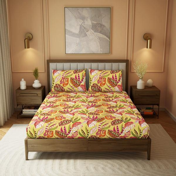 Himêya Himeya 100% Cotton Botanical Wonder 180 TC Percale Print King Size Flat Sheet Set - Fresh Yellow