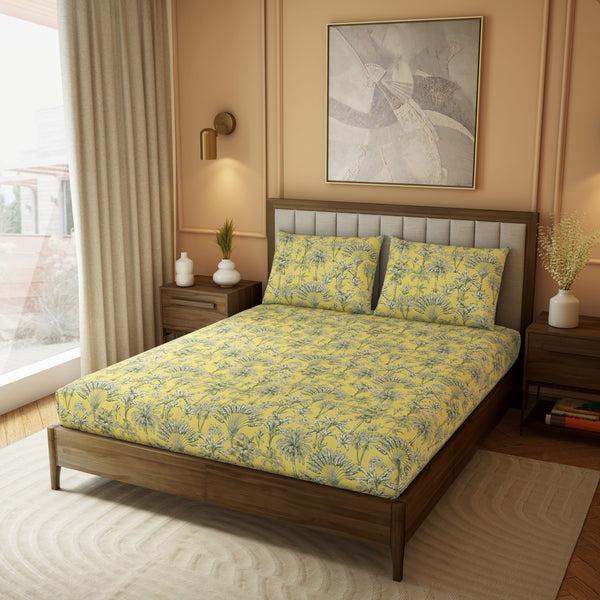 Himêya Himeya 100% Cotton Botanical Wonder 180 TC Percale Print King Size Flat Sheet Set - Pastel Yellow