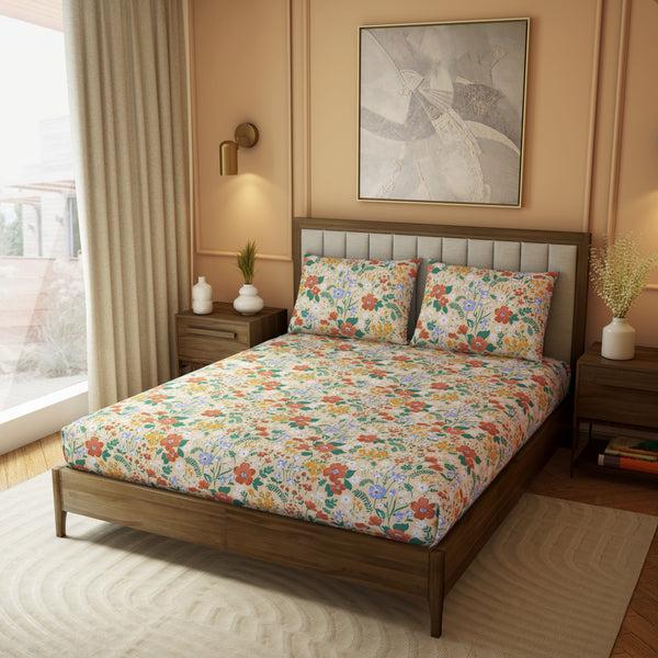 Himêya Himeya 100% Cotton Botanical Wonder 180 TC Percale Print King Size Flat Sheet Set - Mellow Yellow