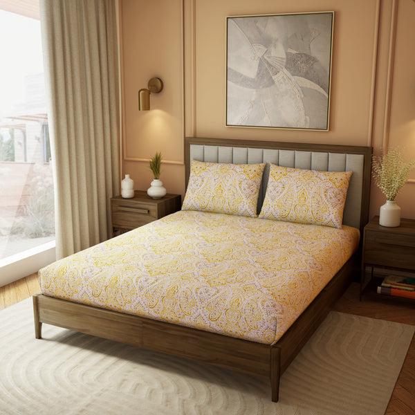 Himêya Himeya 100% Cotton Heritage 180 TC Percale Print King Size Flat Sheet Set - Golden Yellow