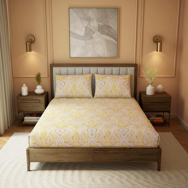 himêya Himeya 100% Cotton Heritage 180 TC Percale Print King Size Flat Sheet Set - Golden Yellow