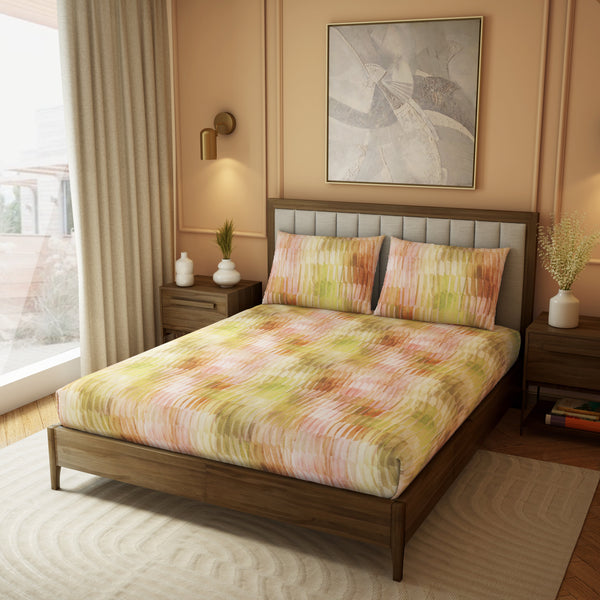 Himêya Himeya 100% Cotton Landscape 210 TC Sateen Print King Size Flat Sheet Set - Pastel Peach