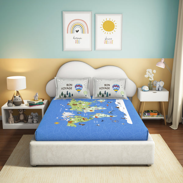 Himêya Himeya 100% Cotton Play 180 TC Percale Print Double Size Flat Sheet Set - Around The World