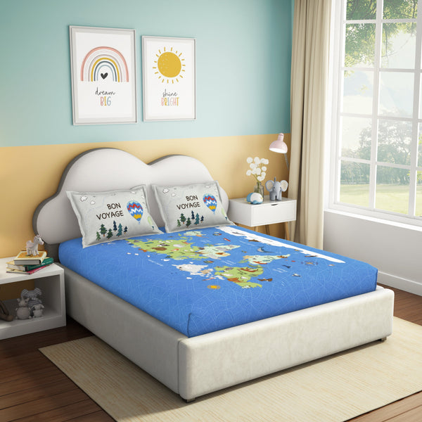 Himêya Himeya 100% Cotton Play 180 TC Percale Print Double Size Flat Sheet Set - Around The World