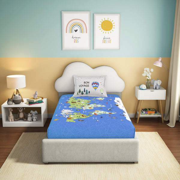 Himêya Himeya 100% Cotton Play 180 TC Percale Print Single Size Flat Sheet Set - Around The World