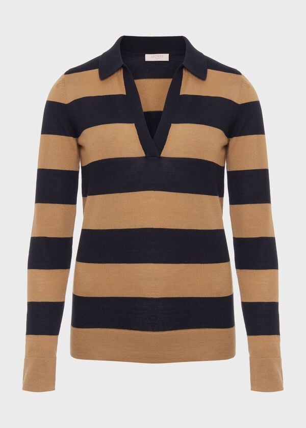 Hobbs Alexis Merino Wool Stripe Polo Jumper Navy Camel