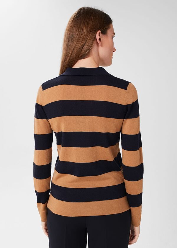 Hobbs Alexis Merino Wool Stripe Polo Jumper Navy Camel