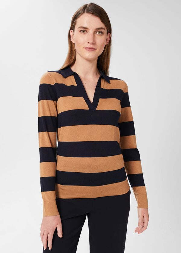 hobbs Alexis Merino Wool Stripe Polo Jumper Navy Camel