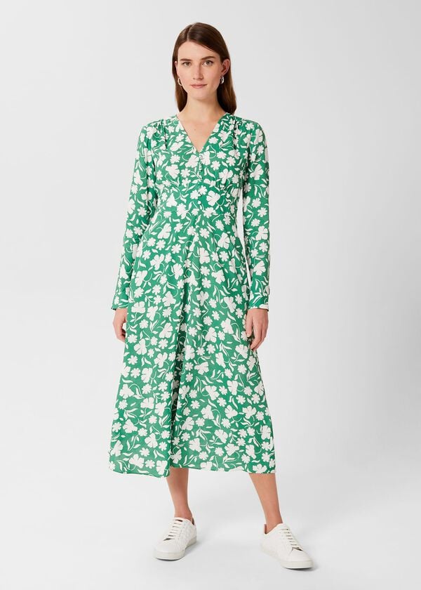 hobbs Allison Floral Fit And Flare Dress Green White