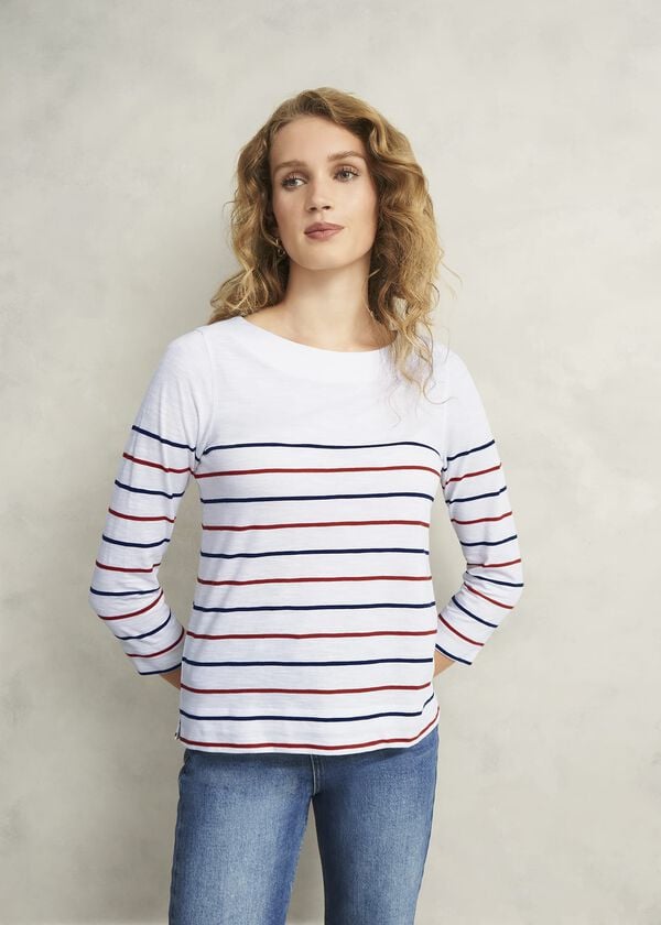 hobbs Avia Cotton Slub Striped T-Shirt White Red Navy