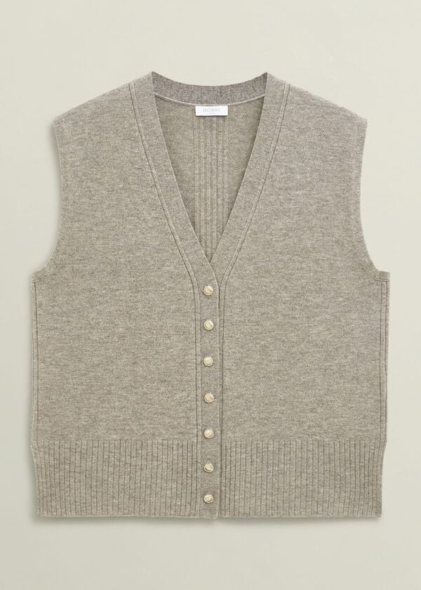 Hobbs Beige Maya Wool Cashmere V Neck Button Knitted Vest Fawn Marl