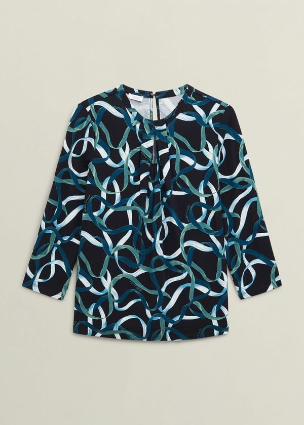 Hobbs Blue Julia Ribbon Printed Key Hole 3/4 Sleeve Top Navy Blue
