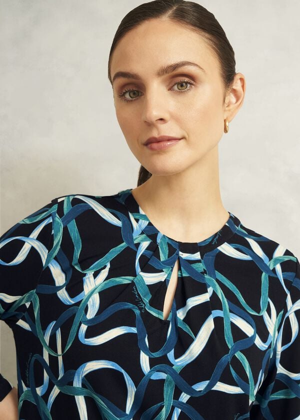 Hobbs Blue Julia Ribbon Printed Key Hole 3/4 Sleeve Top Navy Blue