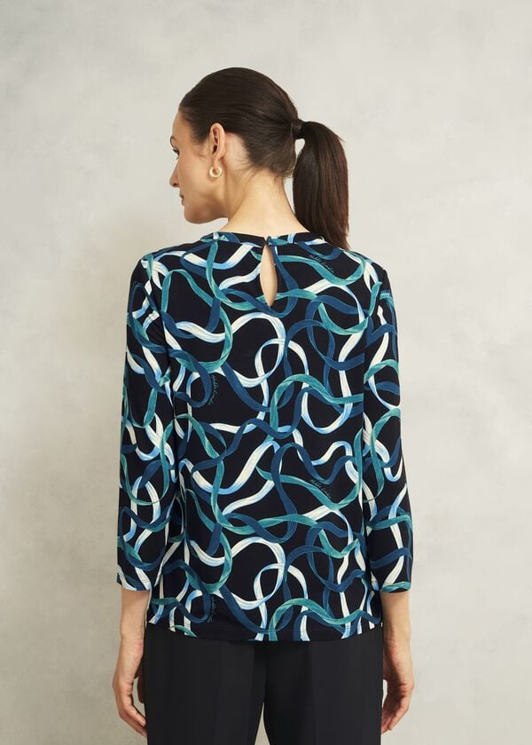 Hobbs Blue Julia Ribbon Printed Key Hole 3/4 Sleeve Top Navy Blue