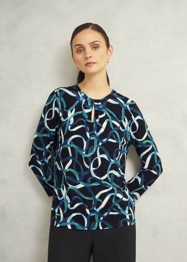 hobbs Blue Julia Ribbon Printed Key Hole 3/4 Sleeve Top Navy Blue