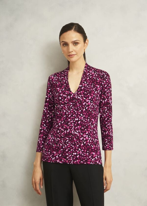 hobbs Burgundy Aimee Printed V Neck 3/4 Sleeve Top Beryl Red