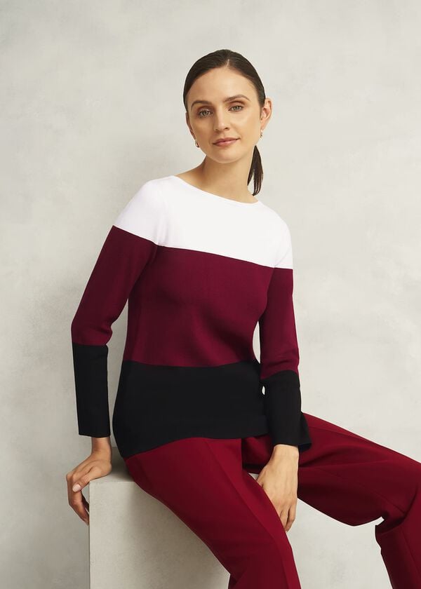 hobbs Burgundy Alice Colour Block Crew Neck Knitted Jumper Beryl Black