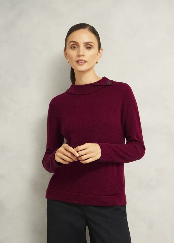 hobbs Burgundy Talia Cashmere Blend Button Neck Jumper Beryl Red