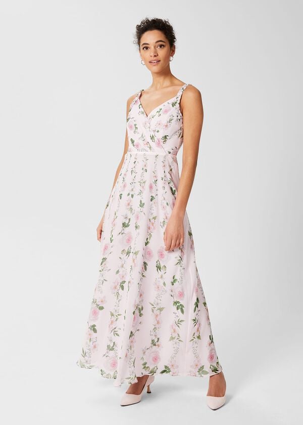 hobbs Catherine Silk Floral Maxi Dress Pale Pink Multi