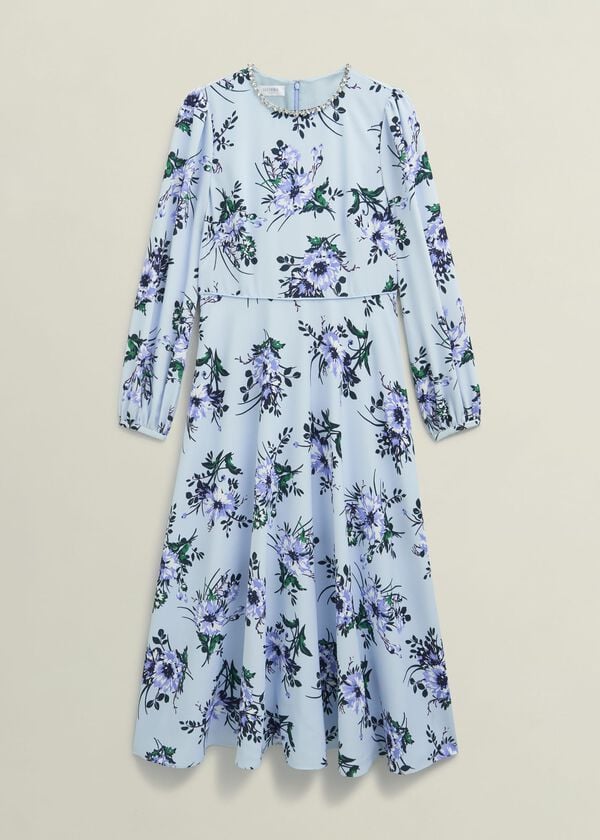 Hobbs Claudine Embellished Floral Dress Pale Blue Multi