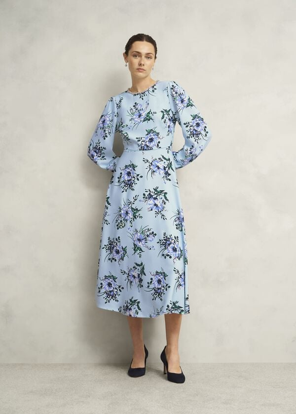 hobbs Claudine Embellished Floral Dress Pale Blue Multi