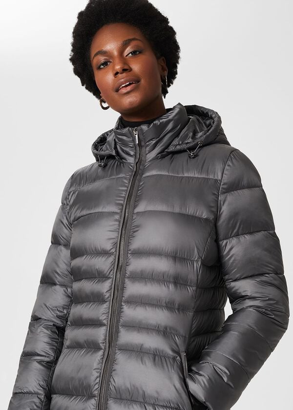 Hobbs Danika Long Puffer Jacket With Hood Charcoal Grey
