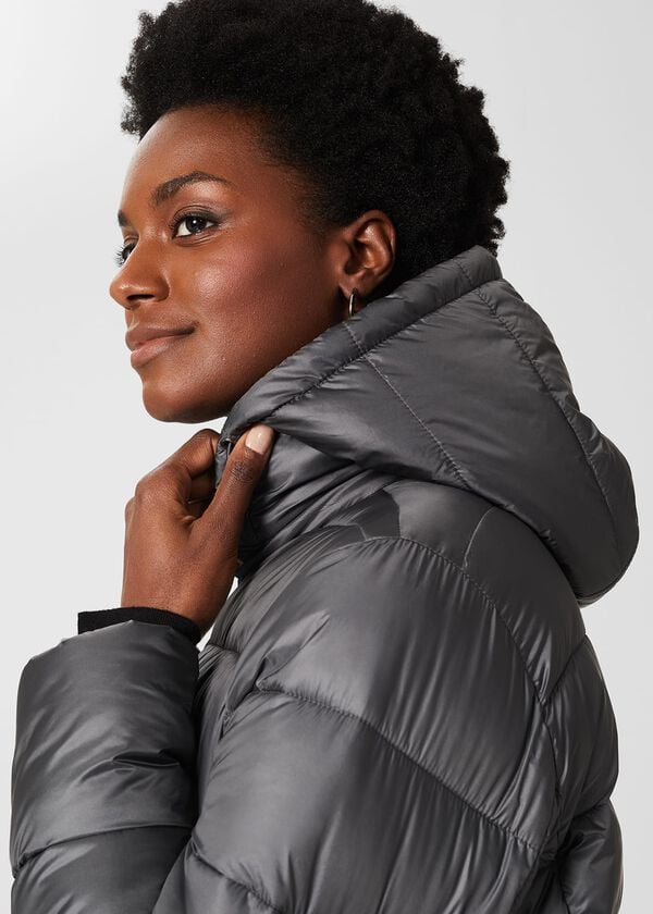 Hobbs Danika Long Puffer Jacket With Hood Charcoal Grey