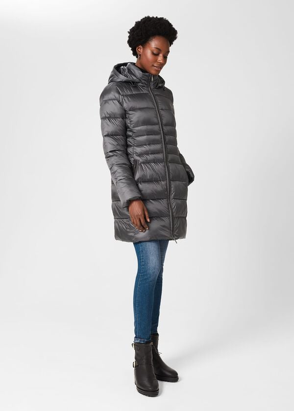 hobbs Danika Long Puffer Jacket With Hood Charcoal Grey