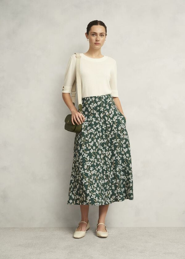 hobbs Dark Green Floral Kiara Midi Skirt Green Multi