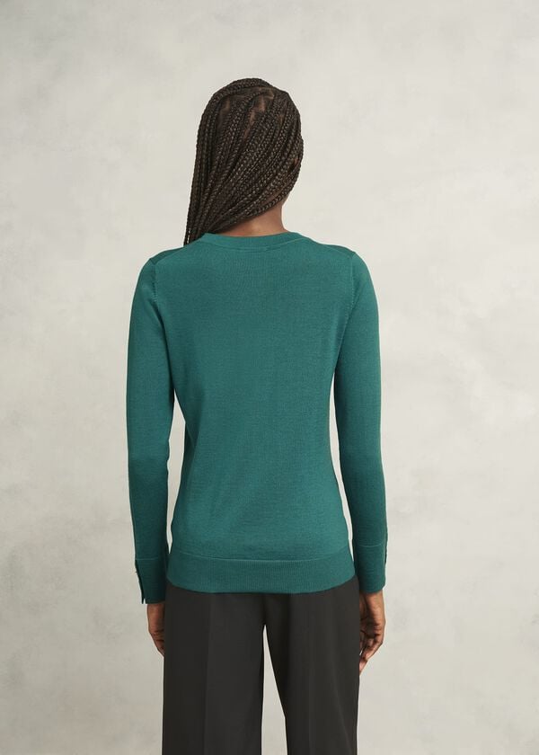 Hobbs Dark Green Penny Merino Wool Crew Neck Knitted Jumper Deep Lake Green