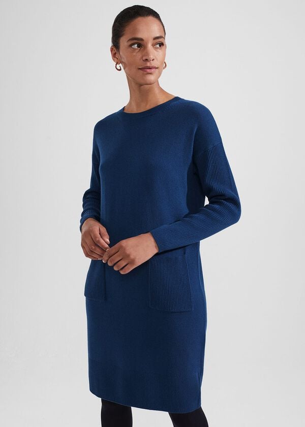 Hobbs Devora Knitted Dress With Cashmere Steel Blue