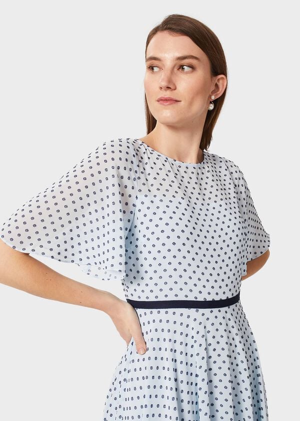 Hobbs Eleanor Spot Fit And Flare Dress Pale Blue Navy